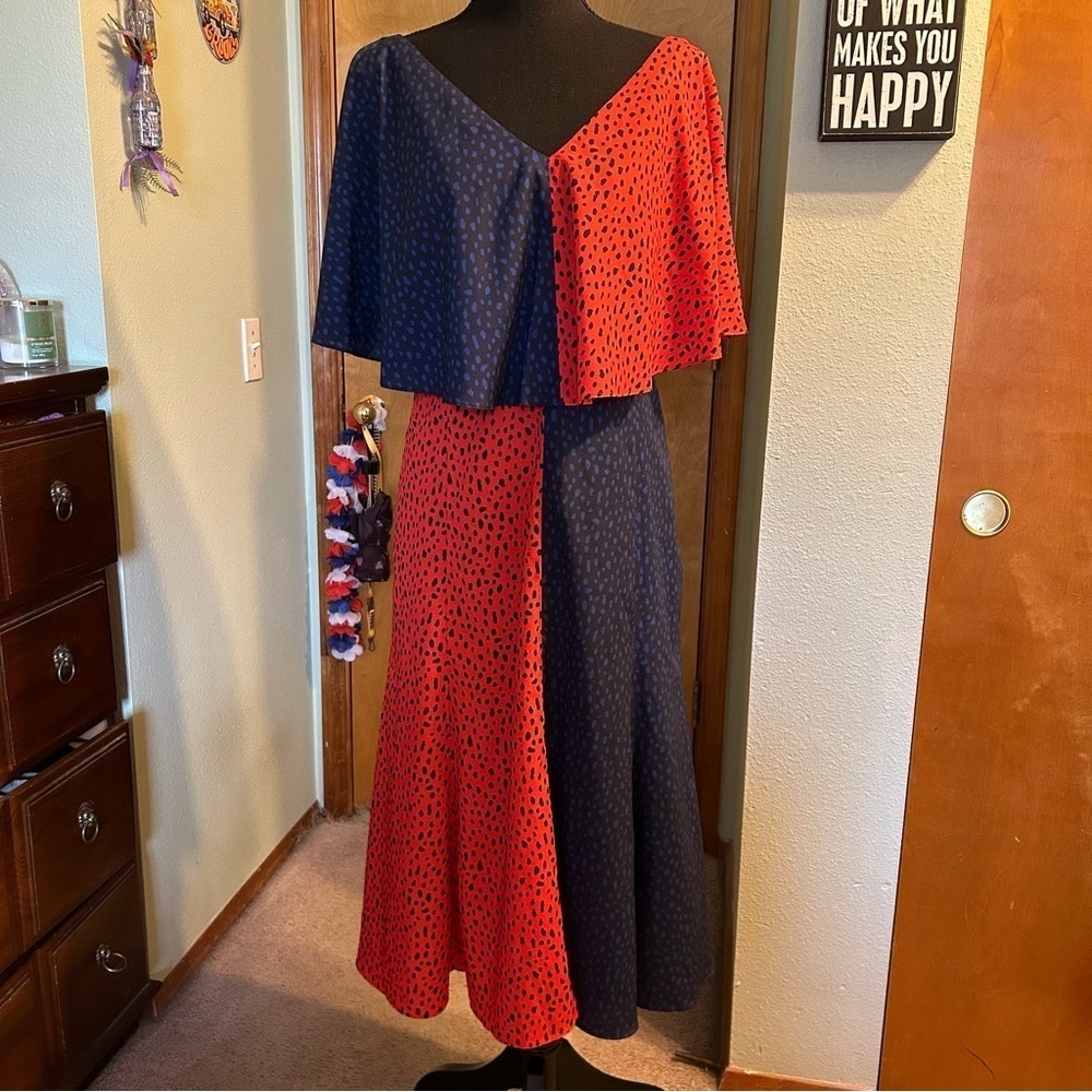 Derek Lam Collective color block red/blue spotted capelet midi dress size 44 (M)